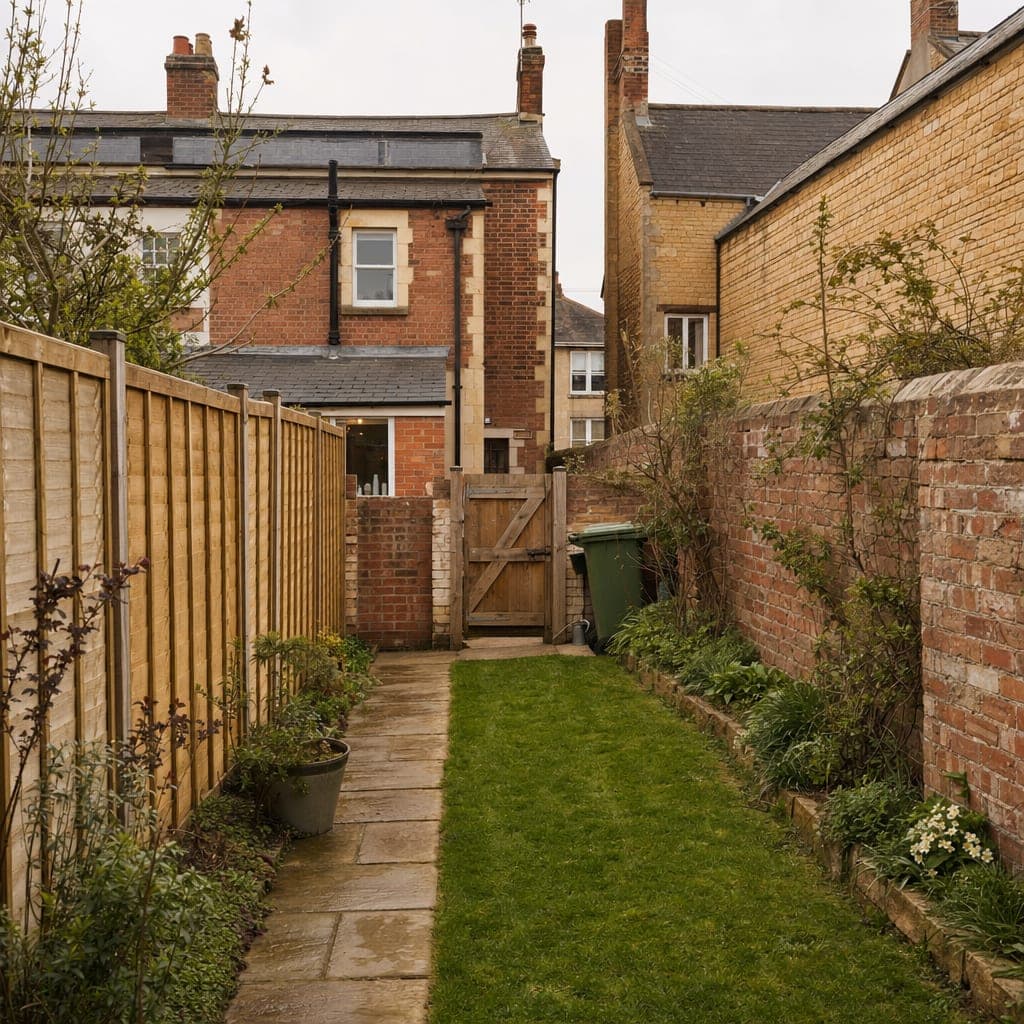 The narrow back garden of a Victorian red brick terrace with a timber fence