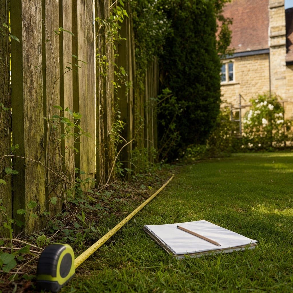 A tape measure and notepad on the grass beside a weathered fence being priced