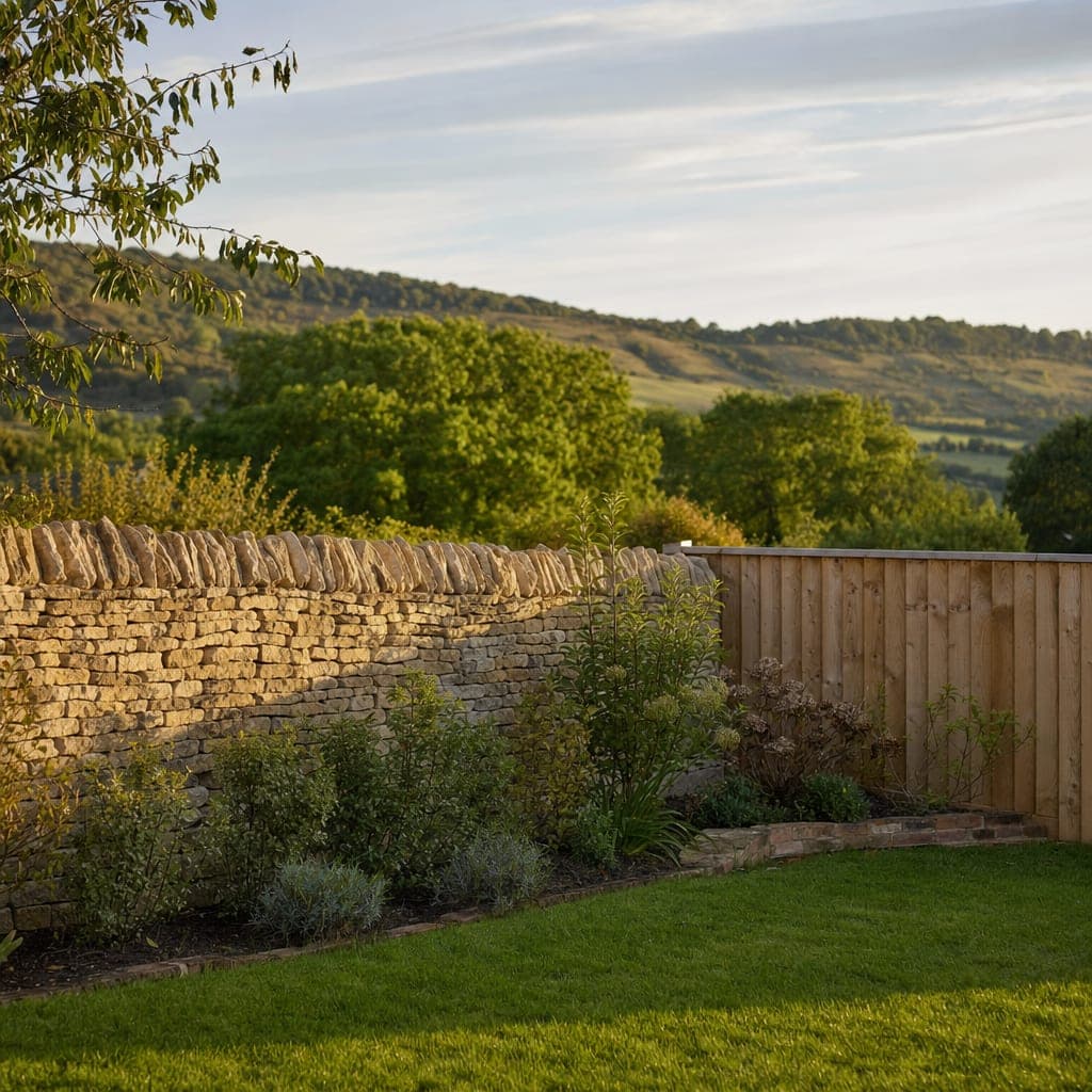 A Cotswold stone boundary wall meeting a timber closeboard fence