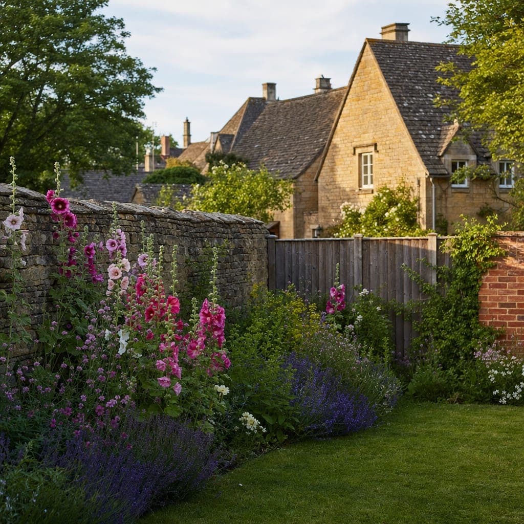 Honey coloured Cotswold cottages behind a timber fence where the stone wall ends