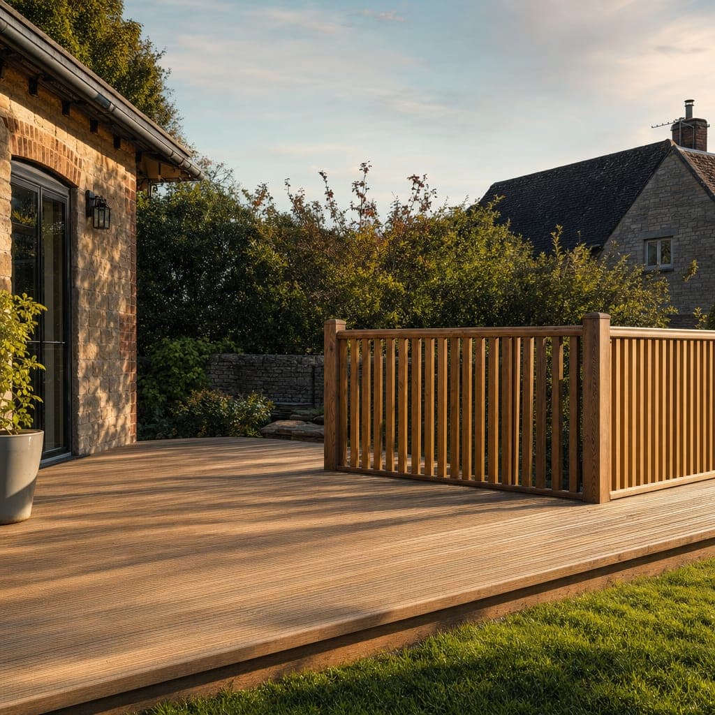 Newly laid grooved timber decking with a step down to lawn