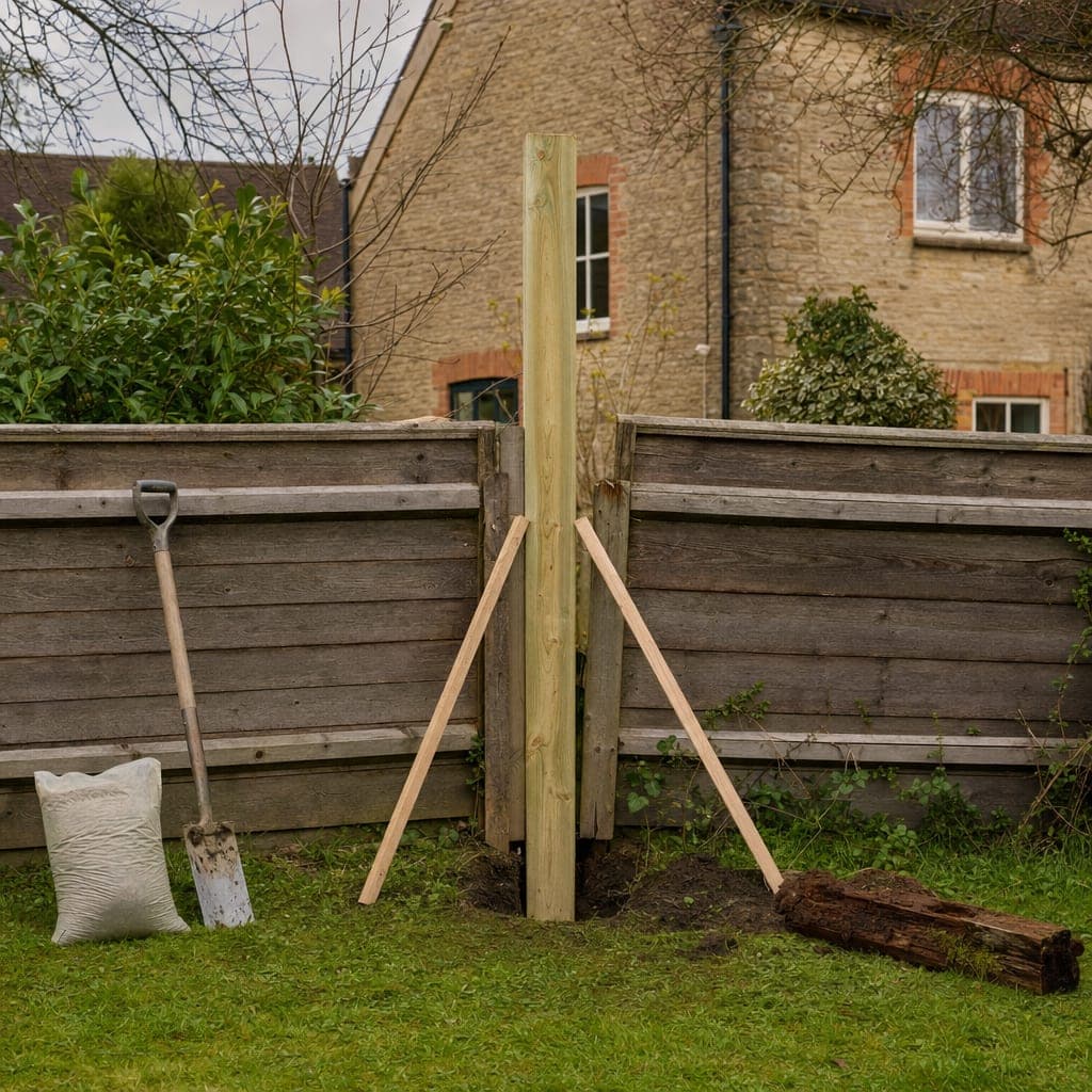 A rotted fence post being replaced with a new pressure treated post