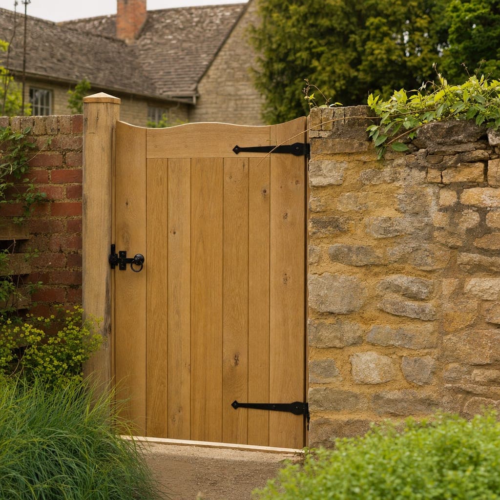 A boarded timber side gate on black strap hinges beside a stone wall