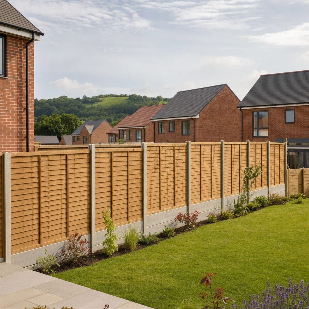 Estate fence panels between new-build gardens below a green hill