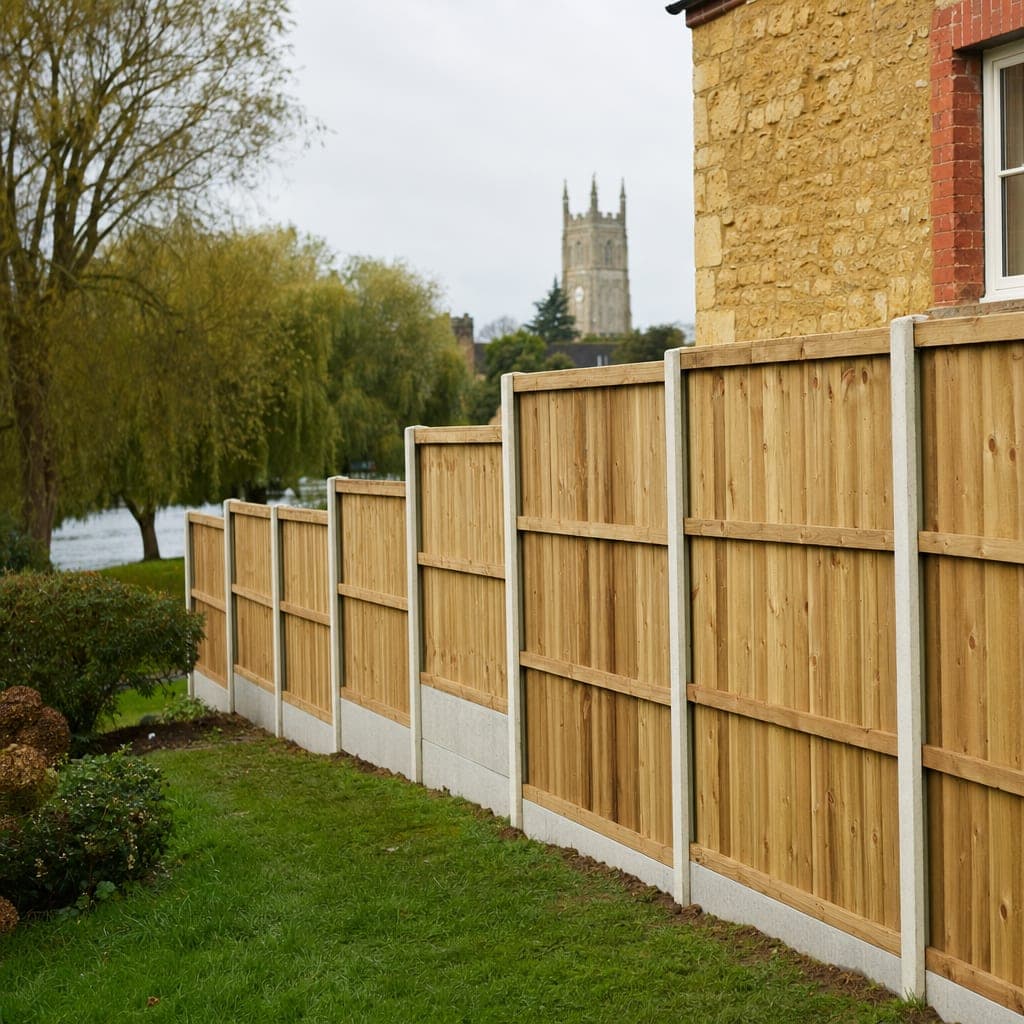 A fence with concrete posts and gravel board on low lying riverside ground
