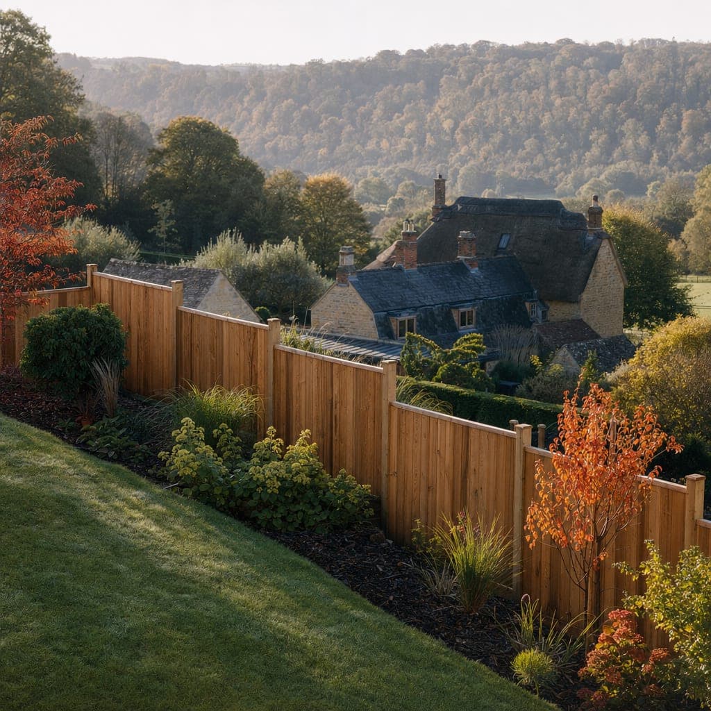 A closeboard fence stepping down a steep valley-side garden