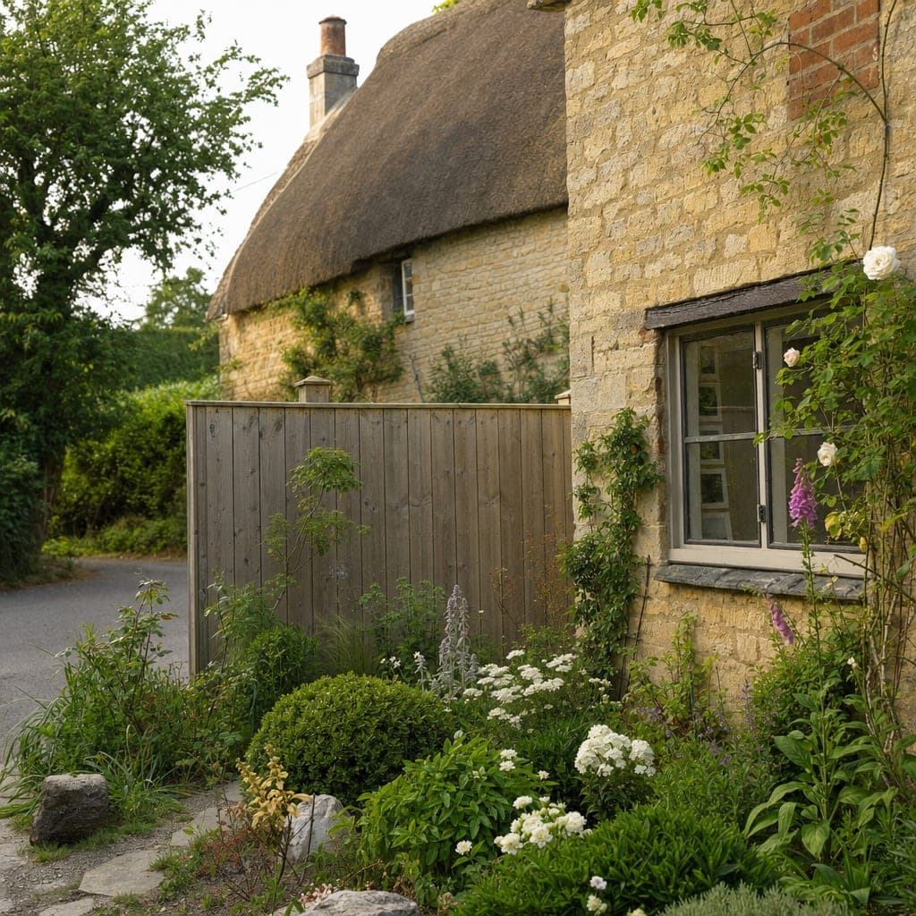 A village cottage garden with stone walls and a timber closeboard fence