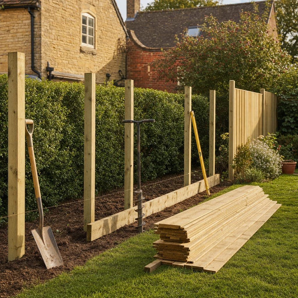 Post hole tools, spirit level and feather edge boards laid out beside a part-built fence